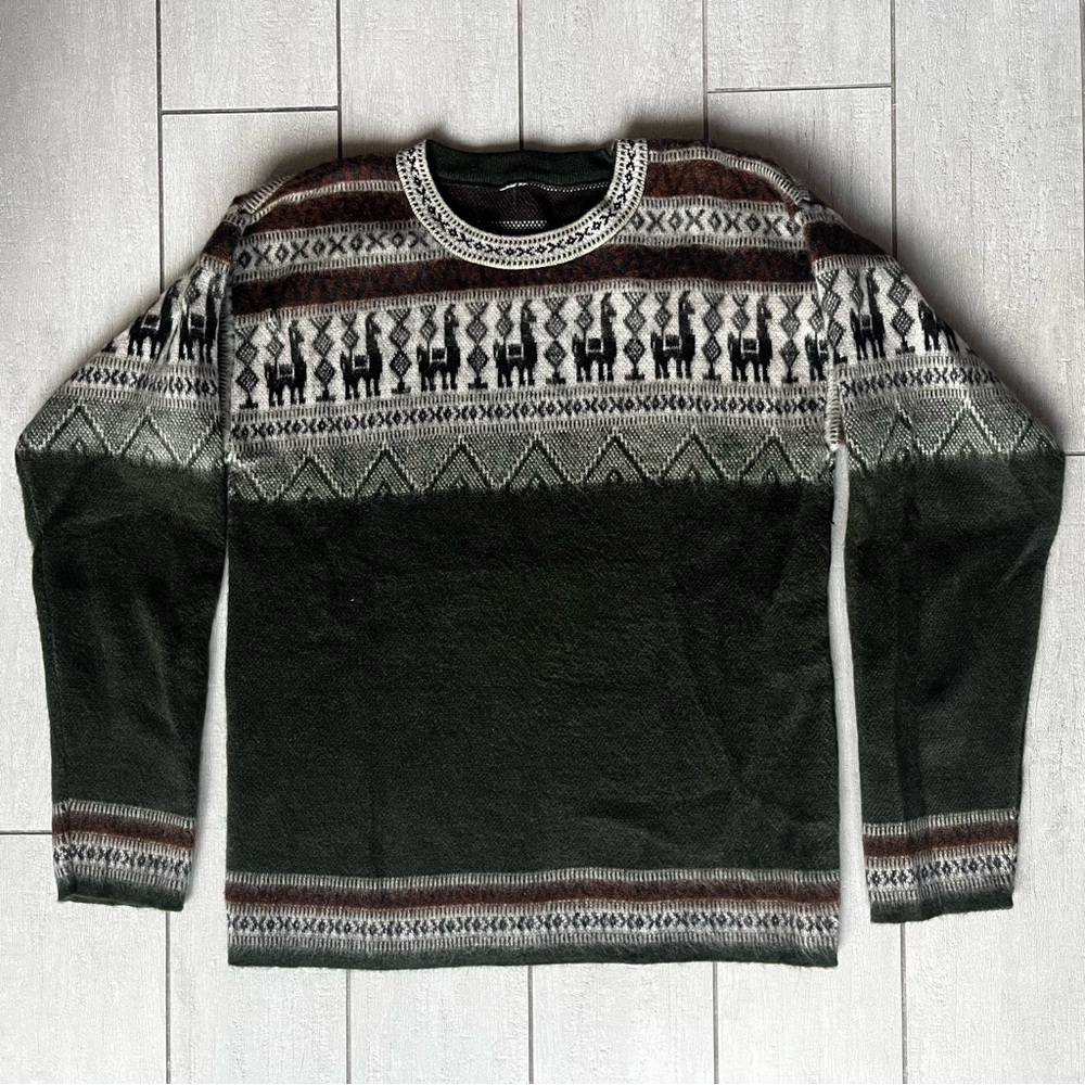 Handmade Unisex Peru Sweater Alpaca Wool Pullover Roundneck Green White, size M